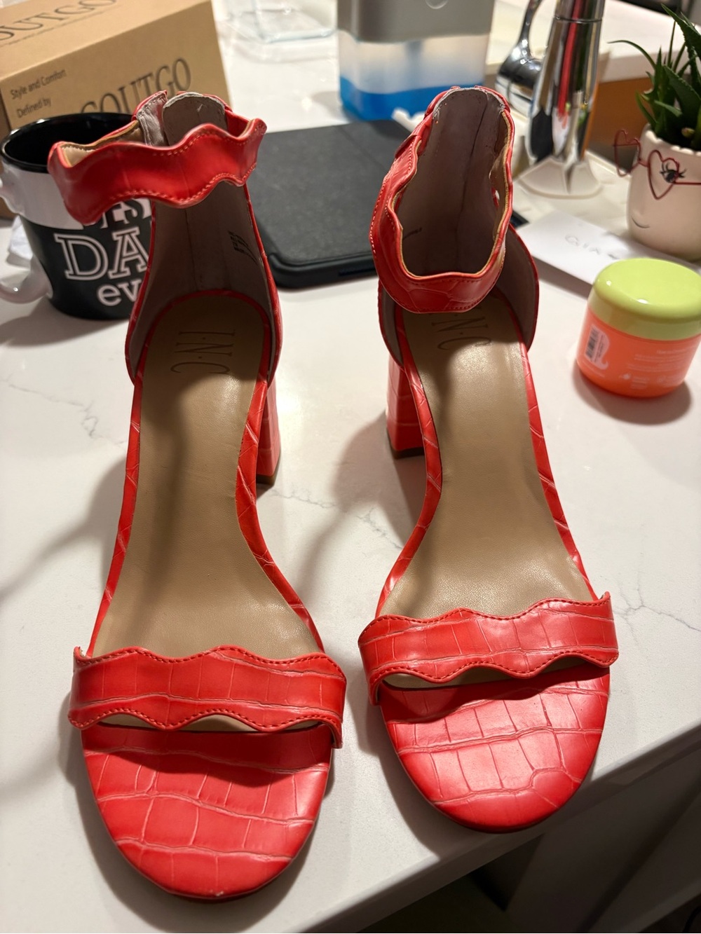 INC International Concepts Coral Orange Block Heel Sandals